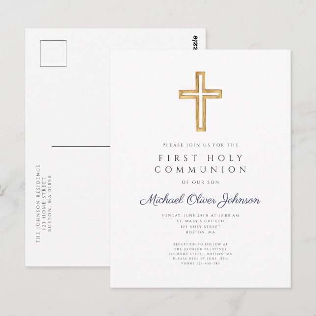 Religious Blue Boy First Communion Invitation Postcard (Front/Back)