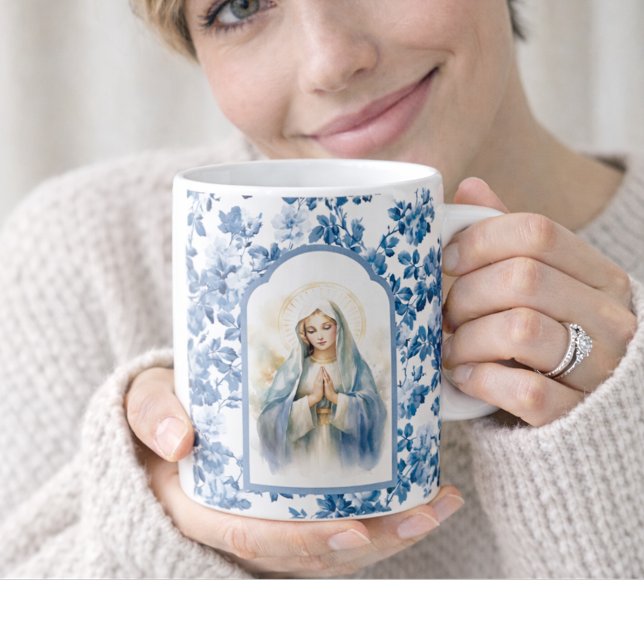 Religious Blue Floral Blessed Mother Mary Coffee Mug (Creator Uploaded)