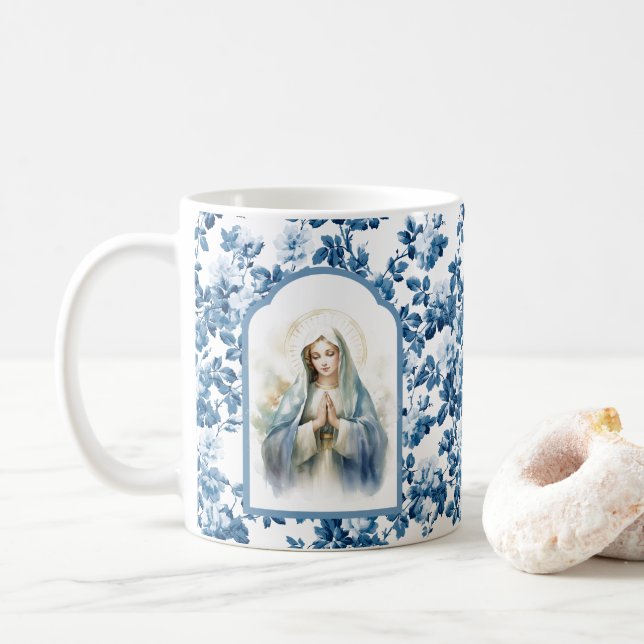 Religious Blue Floral Blessed Mother Mary Coffee Mug (With Donut)