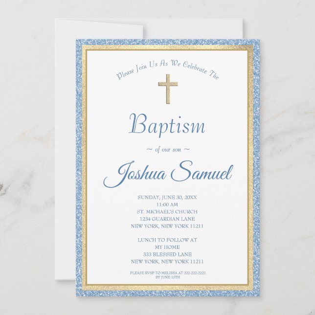 Religious Blue Glitter Gold Cross Boy Baptism Invitation (Front)