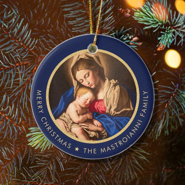 Religious Blue & Gold Madonna & Child Christmas Ceramic Ornament (Midnight blue and gold religious Christmas ornament for Catholics and Christians)