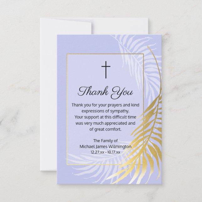 Religious Blue Palm Funeral Thank You Note Card (Front)