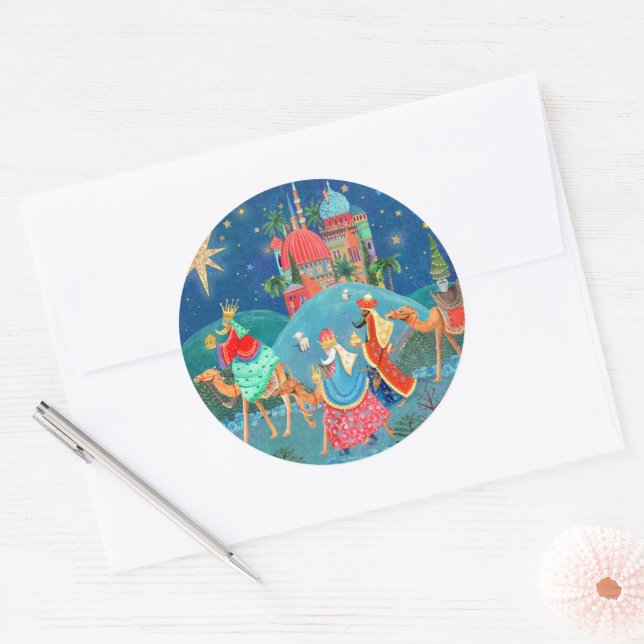 Religious blue Three Kings Christmas Holiday Classic Round Sticker (Envelope)