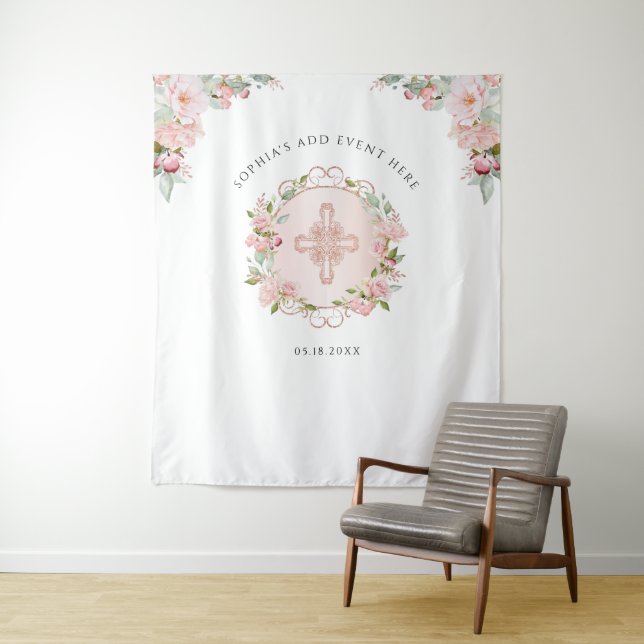 Religious, Blush, Peach Rose Gold Photo Backdrop Tapestry (In Situ)
