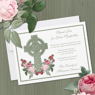 Religious Catholic Celtic Cross Roses Condolence  Thank You Card