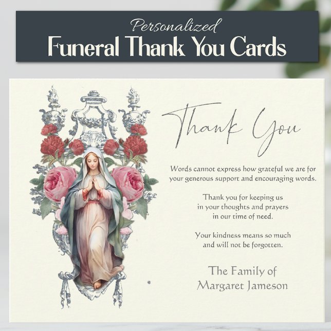 Religious Catholic Mary Funeral Memorial Service Thank You Card (Traditional Catholic Blessed Virgin Mary Floral Funeral Thank you Condolence Cards)