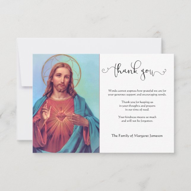 Religious Catholic Sacred Heart Jesus  Condolence Thank You Card (Front)