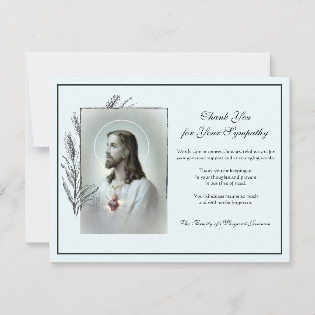 Religious Catholic Sacred Heart Jesus  Condolence Thank You Card (Front)