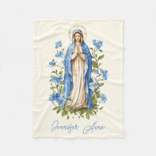 Religious Catholic Virgin Mary Blue Floral Fleece Blanket