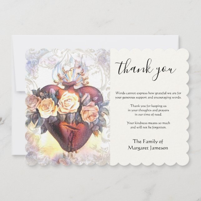 Religious Catholic Virgin Mary Heart Condolence  Thank You Card (Front)