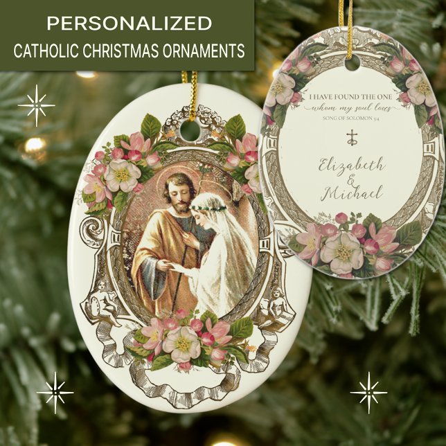 Religious Catholic Wedding Scripture Floral  Ceramic Ornament (TRADITIONAL CATHOLIC CHRISTMAS WEDDING ORNAMENT WITH SCRIPTURE VERSE AND BETROTHAL OF MARY & JOSEPH.)