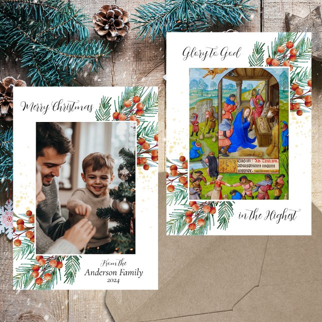 Religious Christian Christmas Green Elegant Photo Holiday Card (Medieval Religious Christian Catholic Merry Christmas Epiphany Green Elegant Photo Holiday Card)