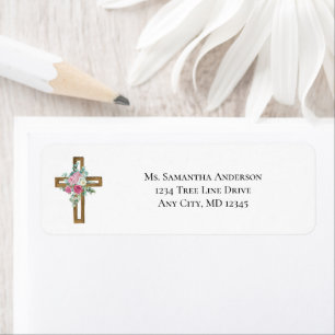 Religious Christian Wood Cross Floral return Address Label