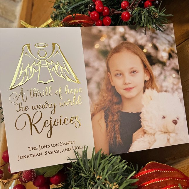 Religious Christmas Angel Elegant Kids Photo Gold Foil Holiday Card (Creator Uploaded)