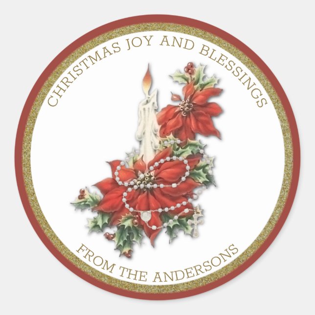 Religious Christmas Candle w/ Poinsettias Rosary Classic Round Sticker (Front)