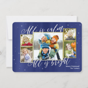 Religious Christmas Collage Photo Card, Blue Gold Holiday Card