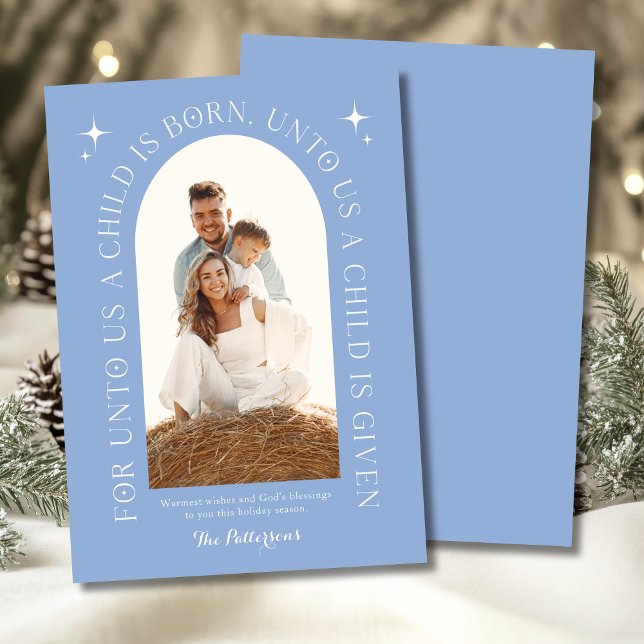 Religious Christmas Family Photo Minimalist Blue Holiday Card (Creator Uploaded)