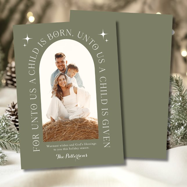 Religious Christmas Family Photo Minimalist Green Holiday Card (Creator Uploaded)