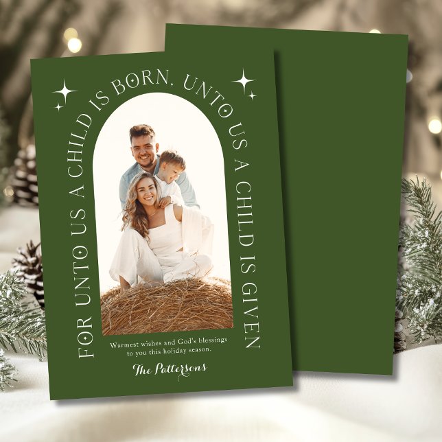 Religious Christmas Family Photo Minimalist Green Holiday Card (Creator Uploaded)