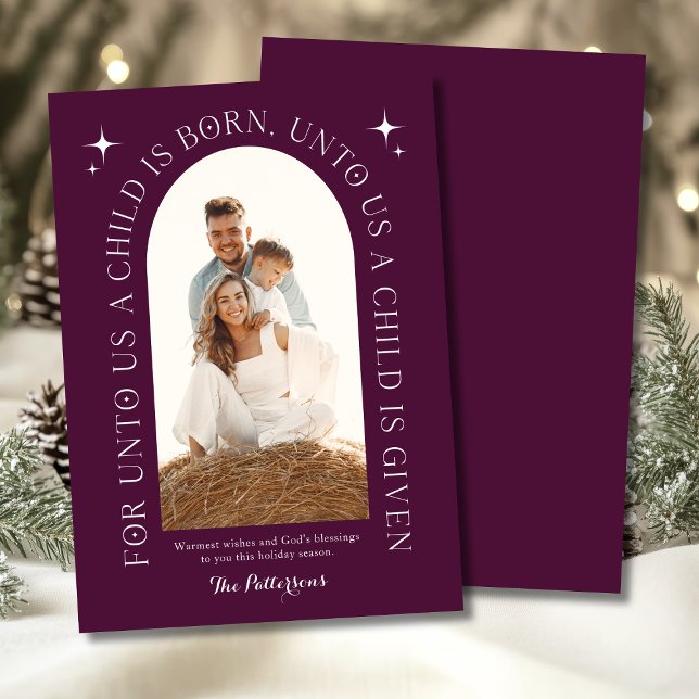 Religious Christmas Family Photo Minimalist Purple Holiday Card (Creator Uploaded)