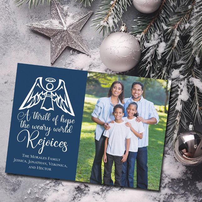 Religious Christmas Family Photo Rejoice Navy Blue Holiday Card (Creator Uploaded)
