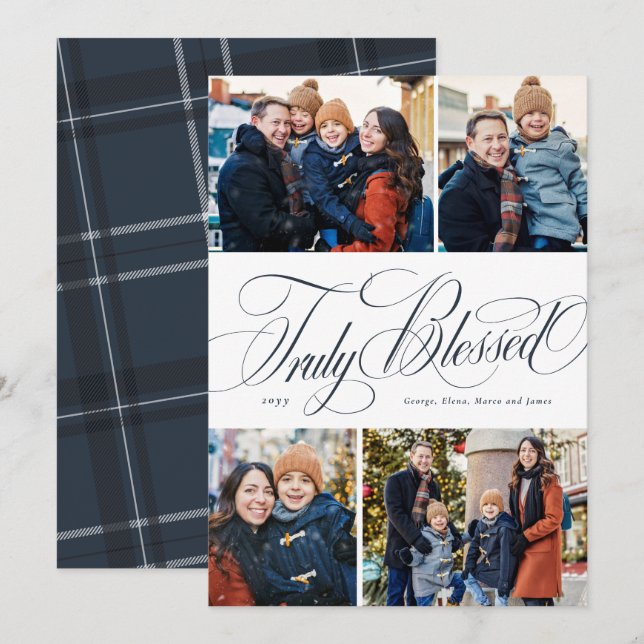 Religious Christmas four photo elegant navy Holiday Card (Front/Back)