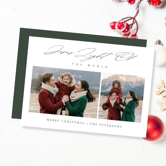 Religious Christmas Light of the World Green Photo Holiday Card (Creator Uploaded)