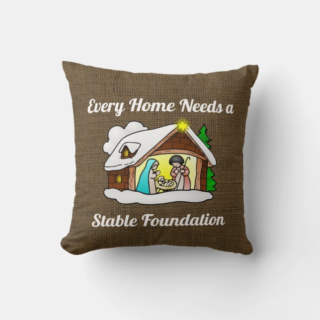 Religious Christmas Nativity Quote Rustic Burlap Cushion (Front)