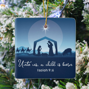 Religious Christmas Nativity Scene Blue Christian Ceramic Ornament
