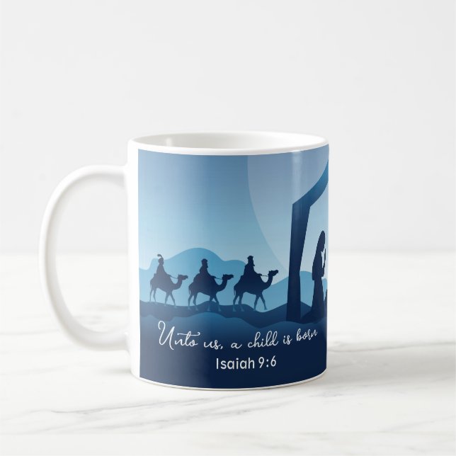 Religious Christmas Nativity Scene Blue Christian Coffee Mug (Left)