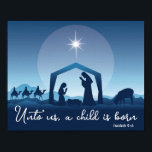 Religious Christmas Nativity Scene Blue Christian Poster<br><div class="desc">This beautiful blue drawing of the nativity scene is a gorgeous religious Christmas poster for a devout family. Unto us a child is born. Send holiday blessings with this non-photo decor for a Christian church.</div>