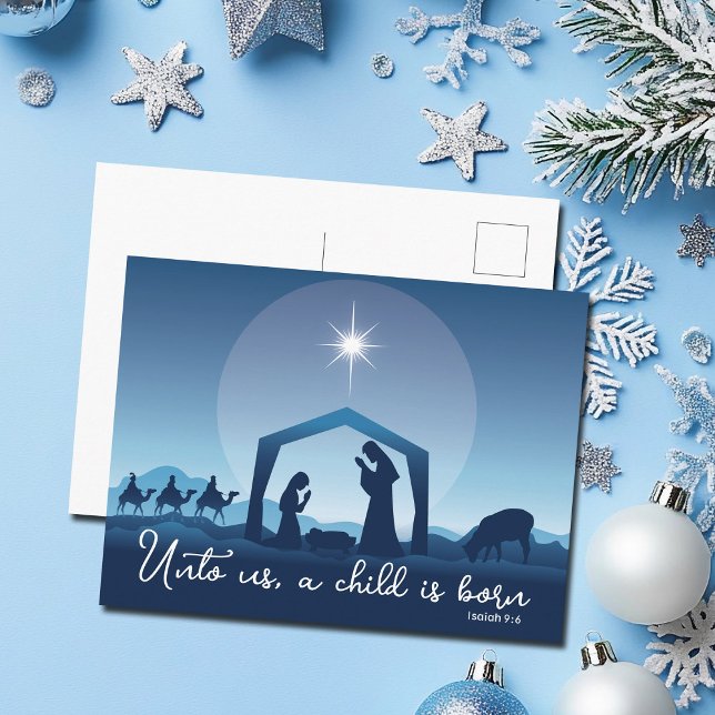 Religious Christmas Nativity Scene Blue Holiday Postcard (Creator Uploaded)
