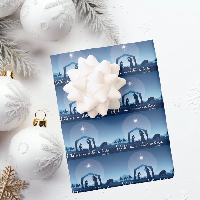 Religious Christmas Nativity Scene Blue Wrapping Paper Sheet (Creator Uploaded)