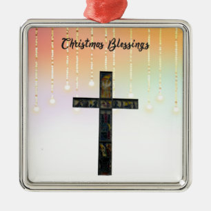 Religious Christmas Ornament with Cross & Lights