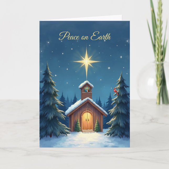 Religious Christmas Peace on Earth Snowy Chapel Card (Front)