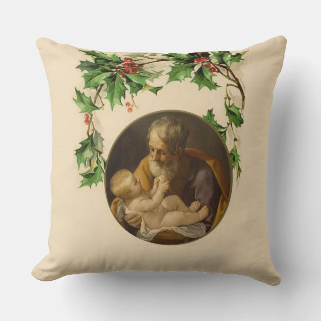 Religious Christmas St. Joseph  Baby Jesus Holly Cushion (Front)