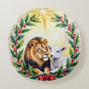 Religious Christmas The Lion and the Lamb and Star Round Cushion