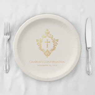 Religious Confirmation Faux Gold Cross Crest Ivory Paper Plate