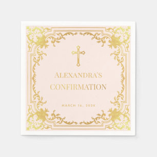 Religious Confirmation Girl Pink Faux Gold Cross Napkin
