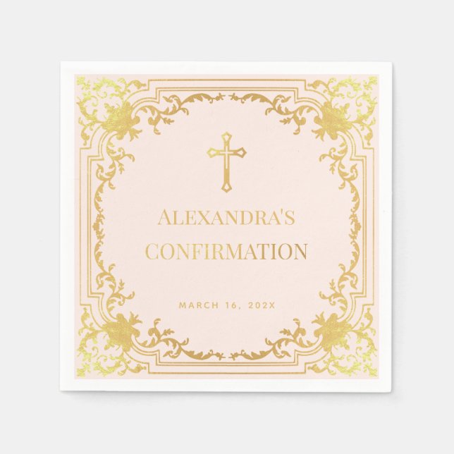  Religious Confirmation Girl Pink Faux Gold Cross Napkin (Front)