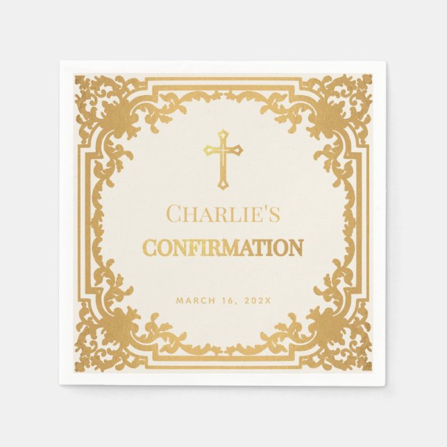 Religious Confirmation Vintage Ivory & Gold Cross Napkin (Front)