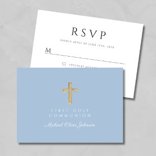 Religious Cross Baby Blue Boy First Communion RSVP Card