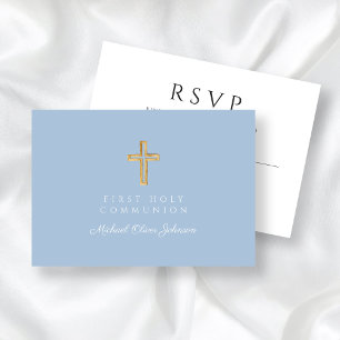 Religious Cross Baby Blue Boy First Communion RSVP Card