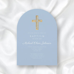 Religious Cross Baby Blue Script Boy Baptism Arch Invitation