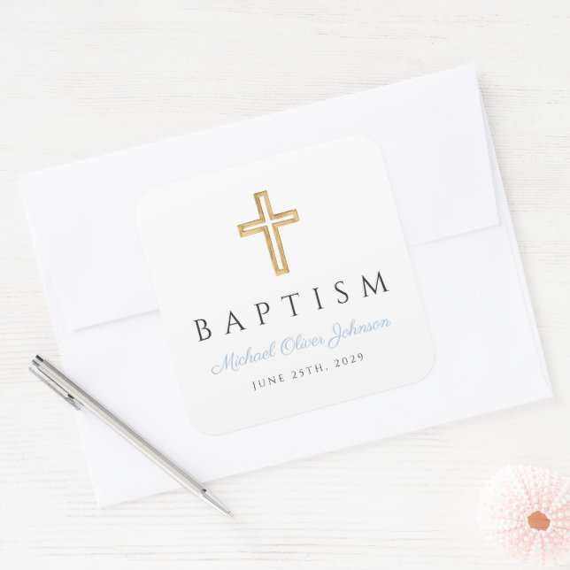 Religious Cross Baby Blue Script Boy Baptism Square Sticker (Envelope)