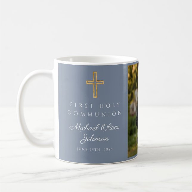 Religious Cross Blue Boy First Communion Photo Coffee Mug (Left)