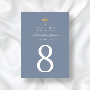 Religious Cross Blue Boy First Communion Table Number