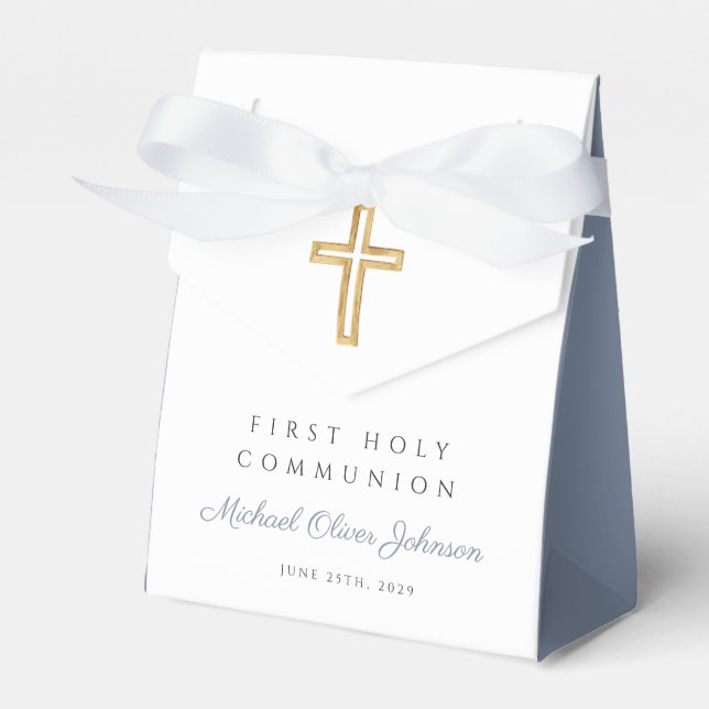 Religious Cross Boy Blue First Communion Favour Box (Front Side)