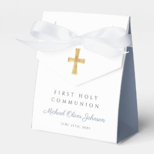 Religious Cross Boy Dusty Blue First Communion Favour Box