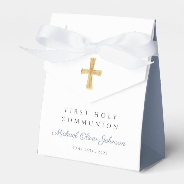 Religious Cross Boy Dusty Blue First Communion Favour Box (Front Side)